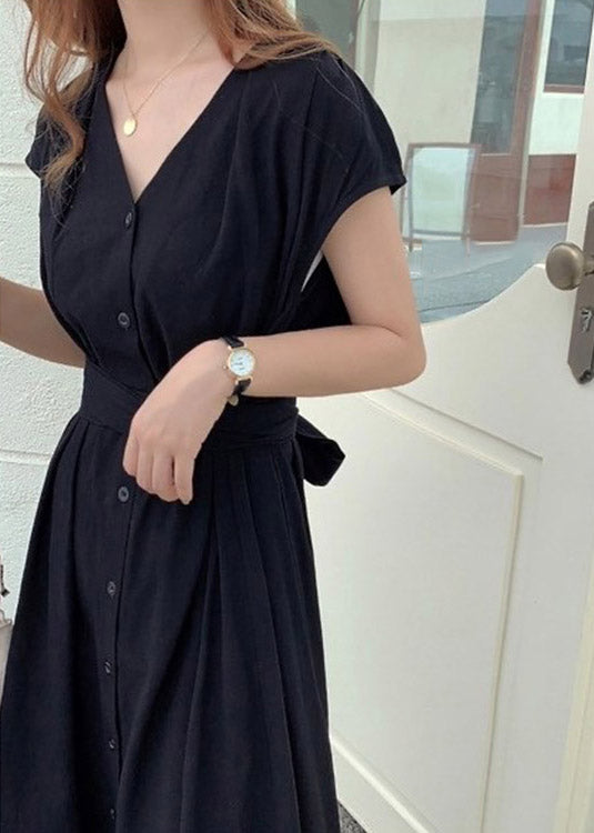 Brief Blue V Neck Tie Waist Button Solid Long Dress Short Sleeve LY2061 - fabuloryshop