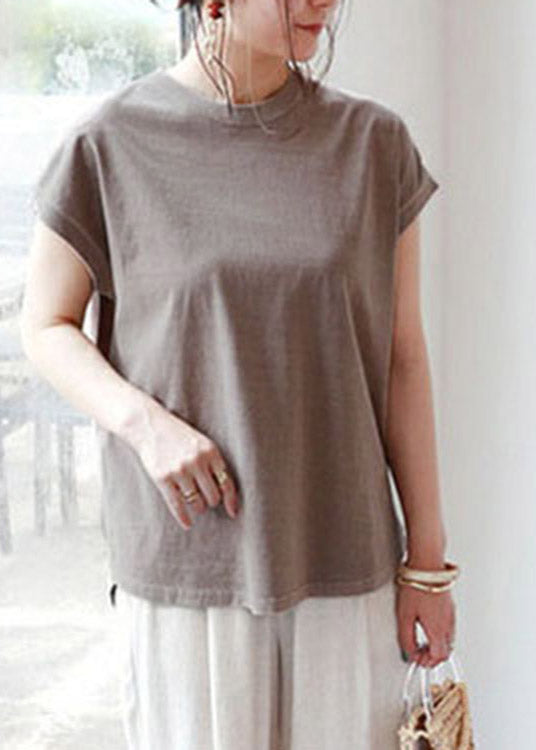 Brief Camel O-Neck Side Open Cotton T Shirt Short Sleeve LY2103 - fabuloryshop