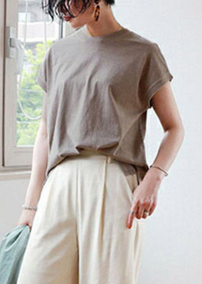 Brief Camel O-Neck Side Open Cotton T Shirt Short Sleeve LY2103 - fabuloryshop