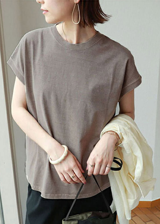 Brief Camel O-Neck Side Open Cotton T Shirt Short Sleeve LY2103 - fabuloryshop