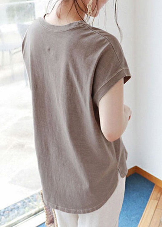 Brief Camel O-Neck Side Open Cotton T Shirt Short Sleeve LY2103 - fabuloryshop