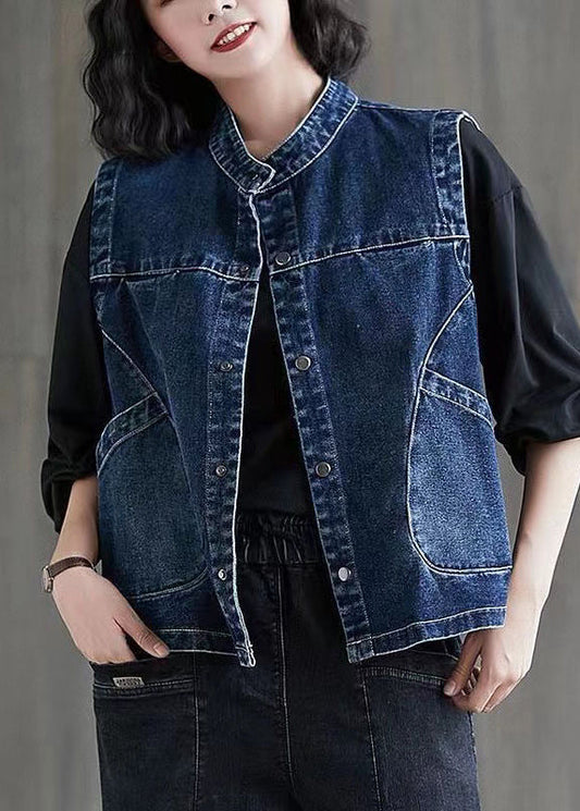 Brief Dark Blue Patchwork Button Denim Waistcoat Sleevele Ada Fashion