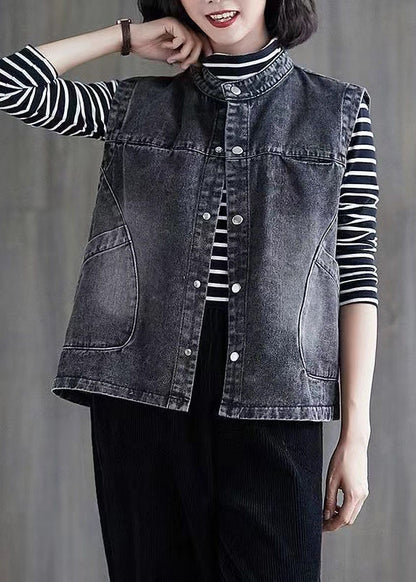 Brief Dark Blue Patchwork Button Denim Waistcoat Sleevele Ada Fashion