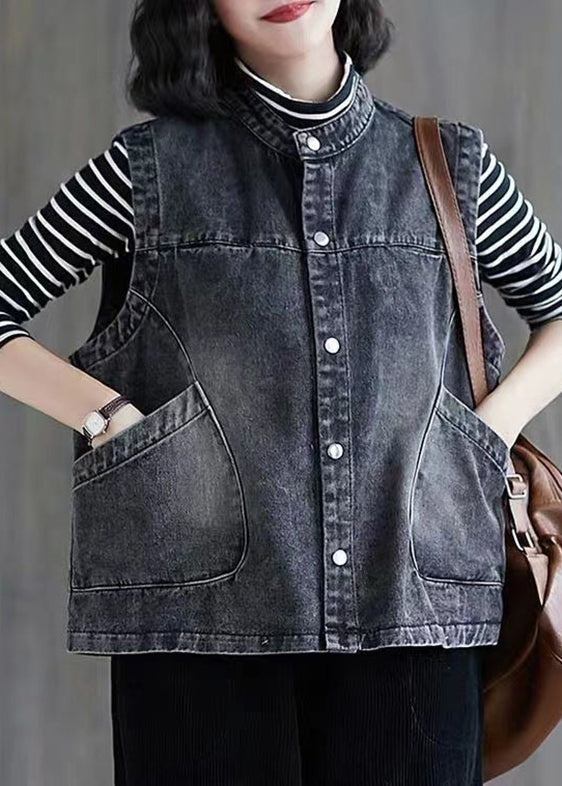 Brief Dark Blue Patchwork Button Denim Waistcoat Sleevele Ada Fashion