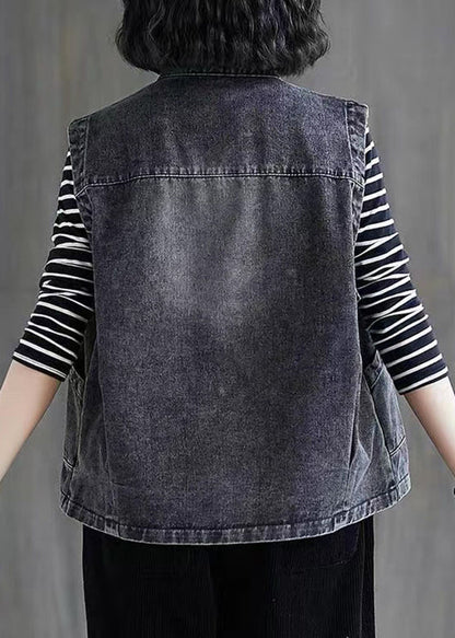 Brief Dark Blue Patchwork Button Denim Waistcoat Sleevele Ada Fashion