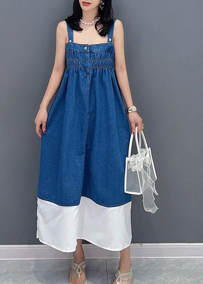 Brief Denim Blue Slash Neck Patchwork Cinched Button Maxi Dress Summer LC0318 - fabuloryshop