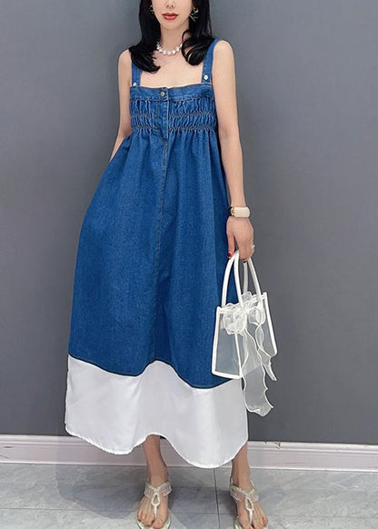 Brief Denim Blue Slash Neck Patchwork Cinched Button Maxi Dress Summer LC0318 - fabuloryshop