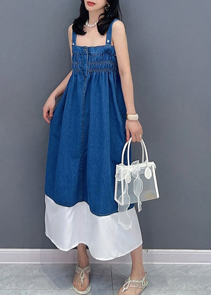 Brief Denim Blue Slash Neck Patchwork Cinched Button Maxi Dress Summer LC0318 - fabuloryshop