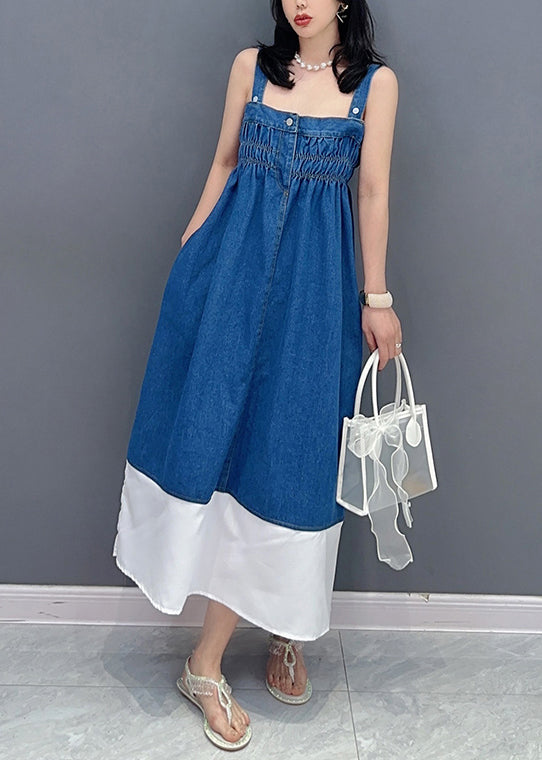 Brief Denim Blue Slash Neck Patchwork Cinched Button Maxi Dress Summer LC0318 - fabuloryshop
