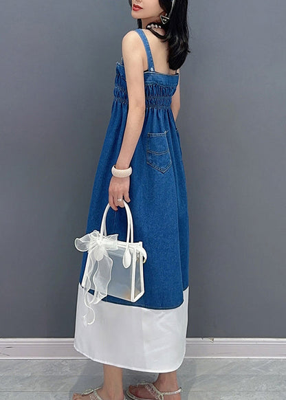 Brief Denim Blue Slash Neck Patchwork Cinched Button Maxi Dress Summer LC0318 - fabuloryshop