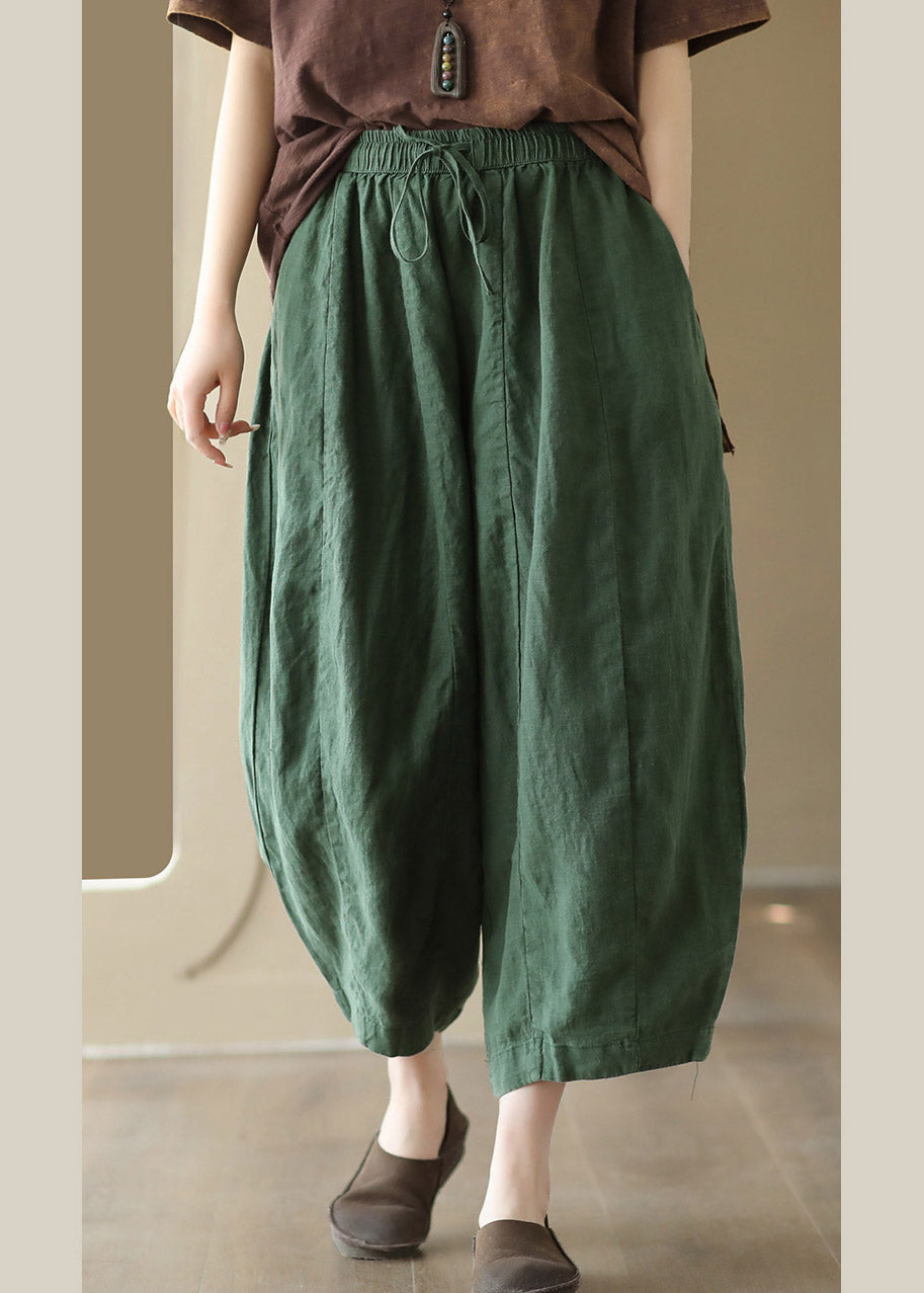 Brief Green Elastic Waist Tie Waist Solid Linen Crop Pants Summer LY4006 - fabuloryshop