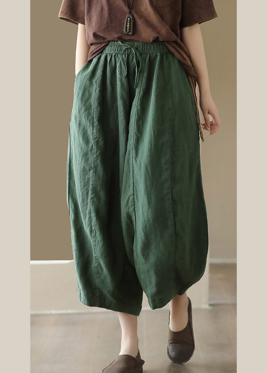 Brief Green Elastic Waist Tie Waist Solid Linen Crop Pants Summer LY4006 - fabuloryshop