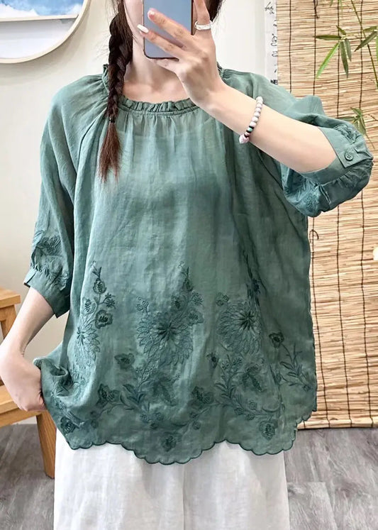 Brief Green O-Neck Embroideried Ruffled Patchwork Linen Top Fall Ada Fashion