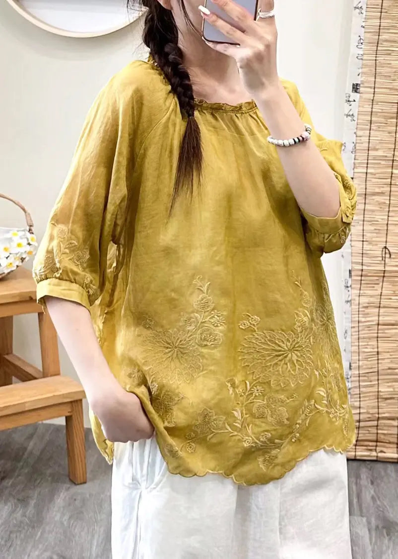 Brief Green O-Neck Embroideried Ruffled Patchwork Linen Top Fall Ada Fashion