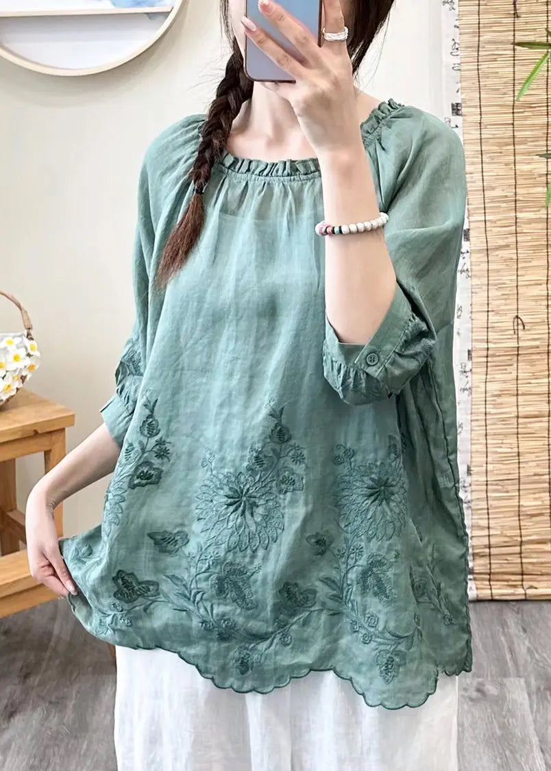 Brief Green O-Neck Embroideried Ruffled Patchwork Linen Top Fall Ada Fashion