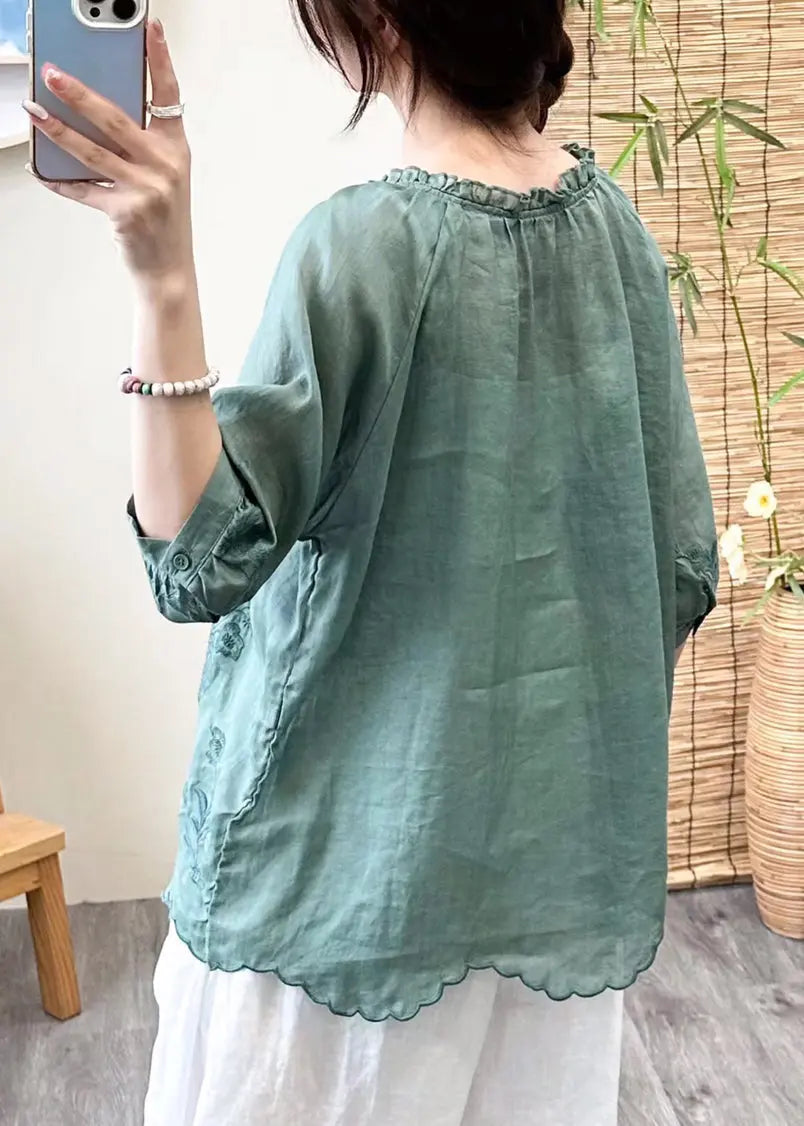 Brief Green O-Neck Embroideried Ruffled Patchwork Linen Top Fall Ada Fashion