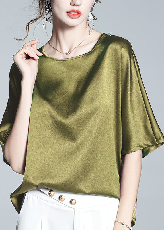 Brief Green O-Neck Solid Silk T Shirt Half Sleeve LY1040 - fabuloryshop