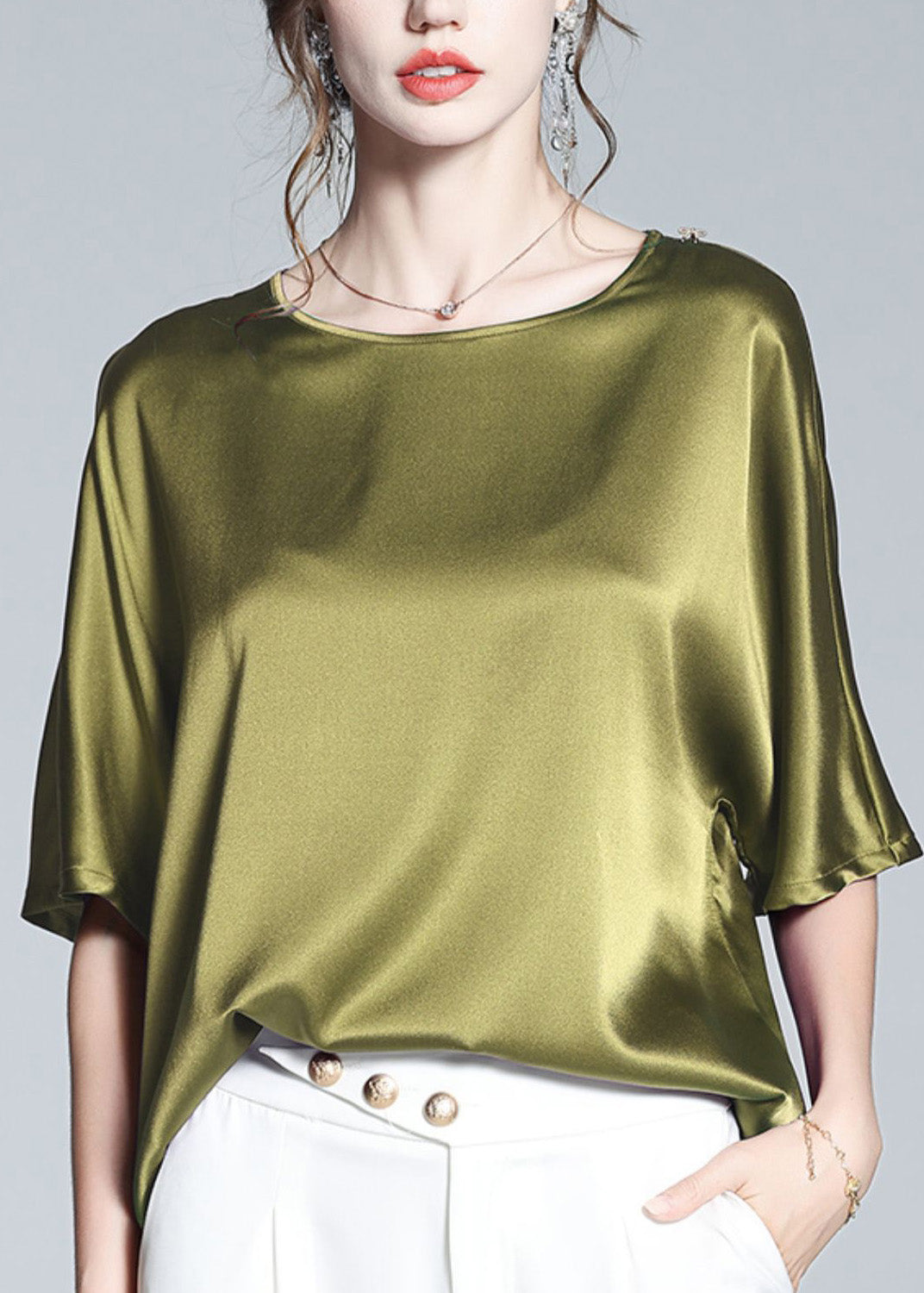 Brief Green O-Neck Solid Silk T Shirt Half Sleeve LY1040 - fabuloryshop