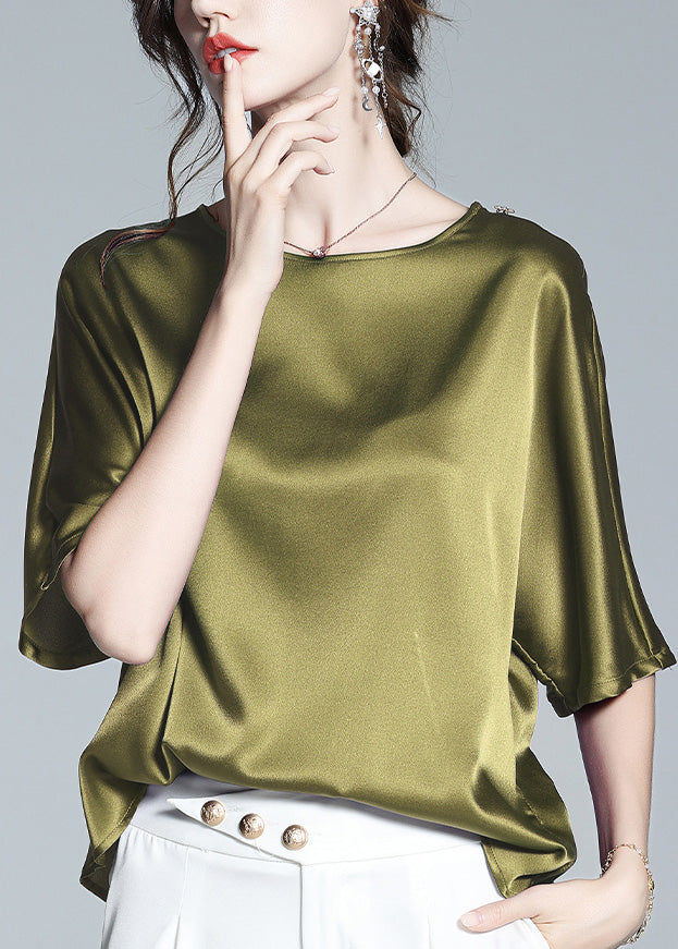 Brief Green O-Neck Solid Silk T Shirt Half Sleeve LY1040 - fabuloryshop