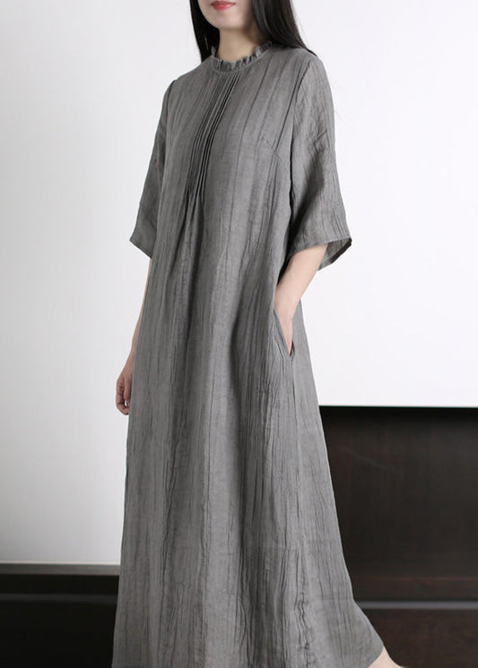 Brief Grey Ruffled Wrinkled Vacation Ramie Maxi Dresses Half Sleeve LY5183 - fabuloryshop