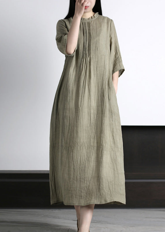 Brief Grey Ruffled Wrinkled Vacation Ramie Maxi Dresses Half Sleeve LY5183 - fabuloryshop