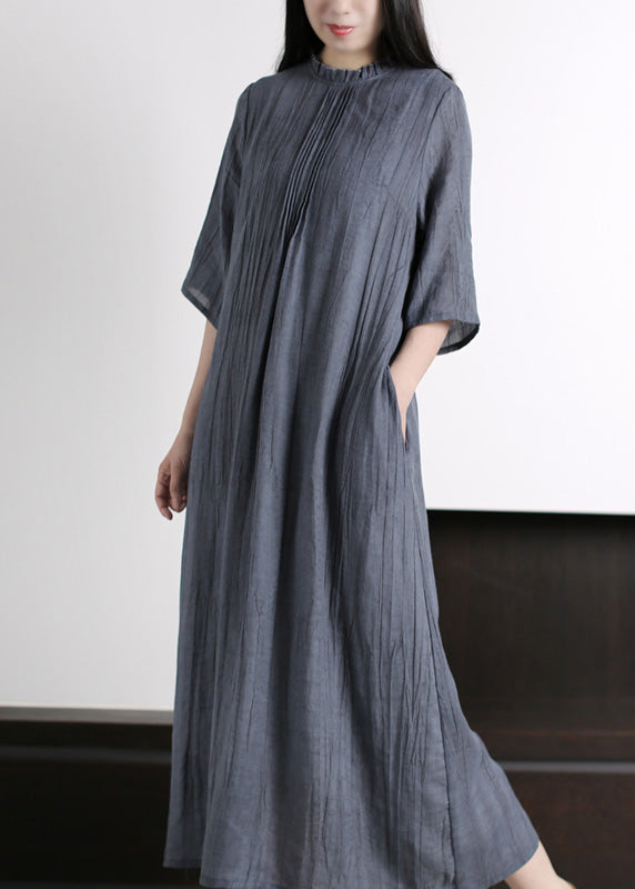 Brief Grey Ruffled Wrinkled Vacation Ramie Maxi Dresses Half Sleeve LY5183 - fabuloryshop