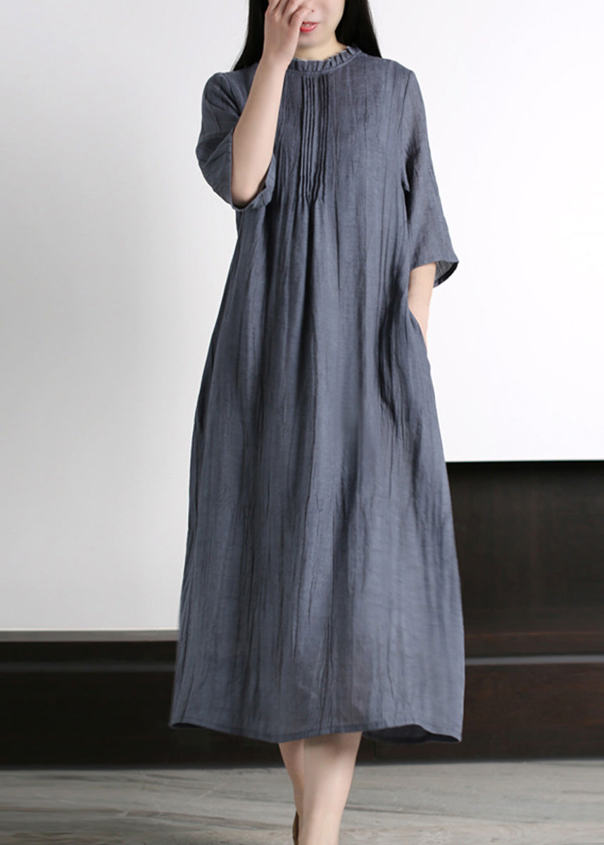 Brief Grey Ruffled Wrinkled Vacation Ramie Maxi Dresses Half Sleeve LY5183 - fabuloryshop