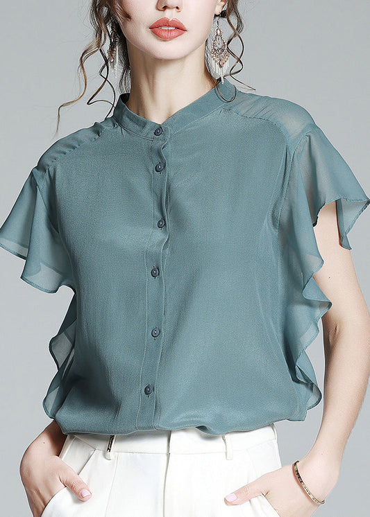 Brief Haze Blue Stand Collar Button Solid Silk Shirt Short Sleeve LY1021 - fabuloryshop