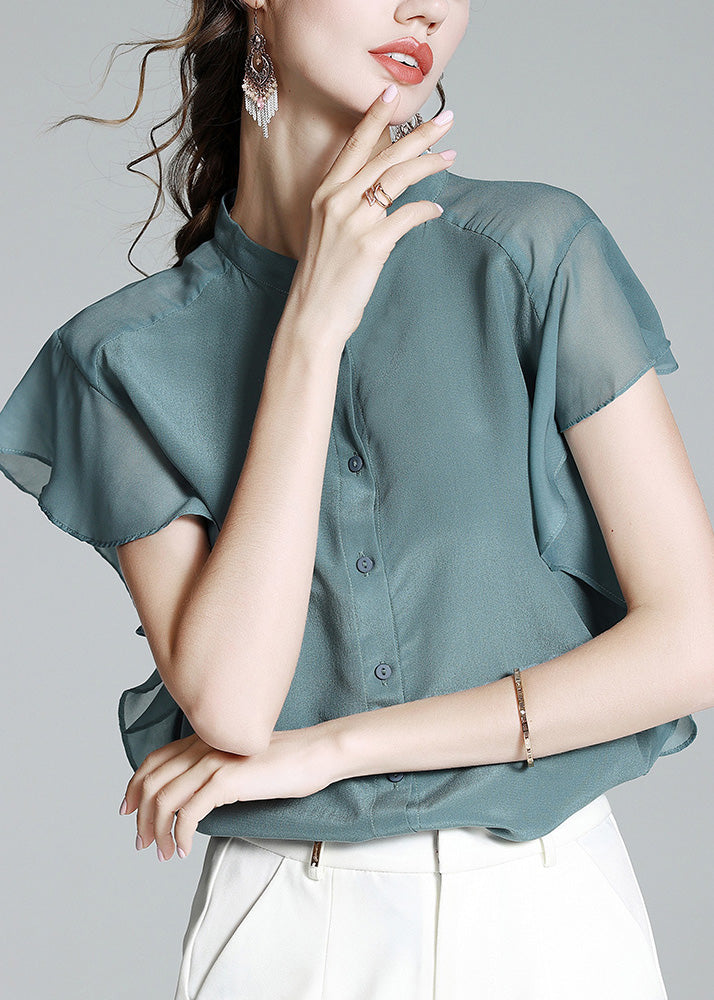 Brief Haze Blue Stand Collar Button Solid Silk Shirt Short Sleeve LY1021 - fabuloryshop