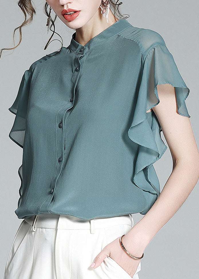 Brief Haze Blue Stand Collar Button Solid Silk Shirt Short Sleeve LY1021 - fabuloryshop