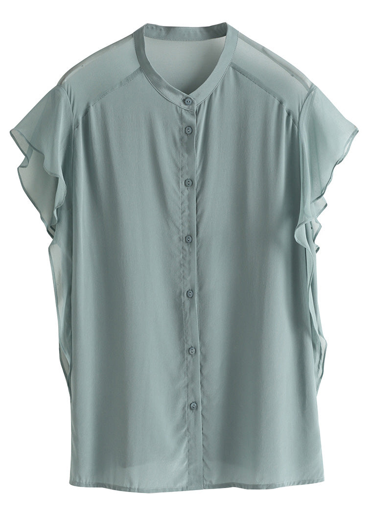 Brief Haze Blue Stand Collar Button Solid Silk Shirt Short Sleeve LY1021 - fabuloryshop