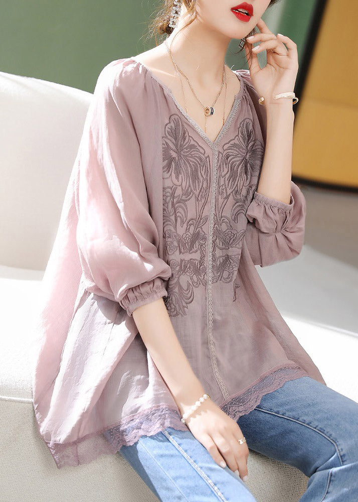 Brief Light Purple V Neck Embroideried Lace Patchwork Linen Top Short Sleeve LY1485 - fabuloryshop