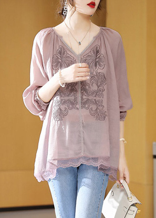 Brief Light Purple V Neck Embroideried Lace Patchwork Linen Top Short Sleeve LY1485 - fabuloryshop