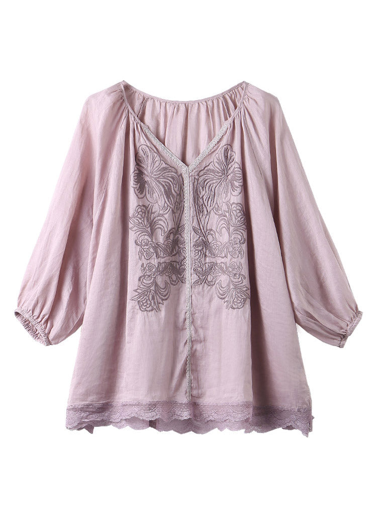 Brief Light Purple V Neck Embroideried Lace Patchwork Linen Top Short Sleeve LY1485 - fabuloryshop