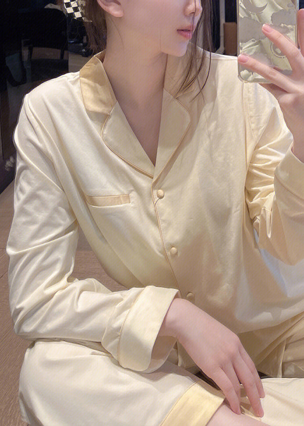 Brief Light Yellow Peter Pan Collar Patchwork Button Solid Ice Silk Pajamas Two Pieces Set Long Sleeve TO1011 - fabuloryshop