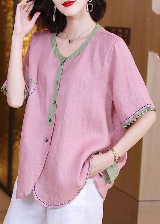 Brief Pink O-Neck Patchwork Button Linen Shirts Short Sleeve LY3787 - fabuloryshop