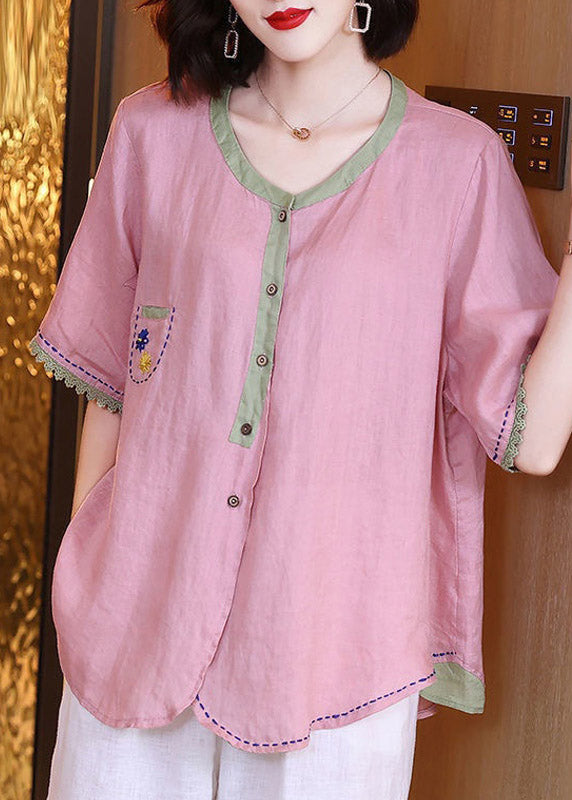 Brief Pink O-Neck Patchwork Button Linen Shirts Short Sleeve LY3787 - fabuloryshop