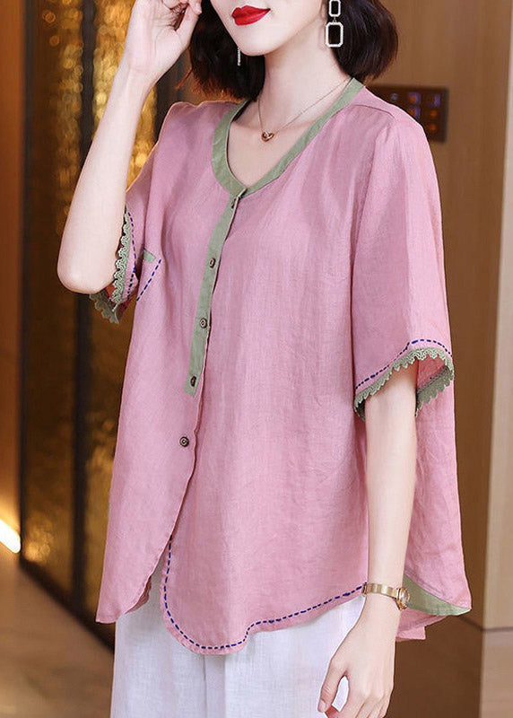 Brief Pink O-Neck Patchwork Button Linen Shirts Short Sleeve LY3787 - fabuloryshop