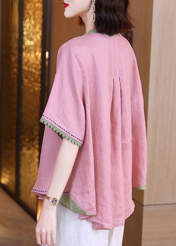 Brief Pink O-Neck Patchwork Button Linen Shirts Short Sleeve LY3787 - fabuloryshop