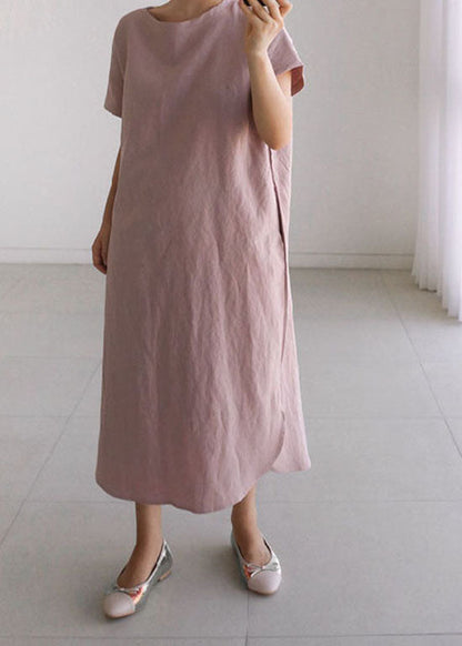 Brief Pink O Neck Patchwork Loose Cotton Long Dress Summer LY1336 - fabuloryshop