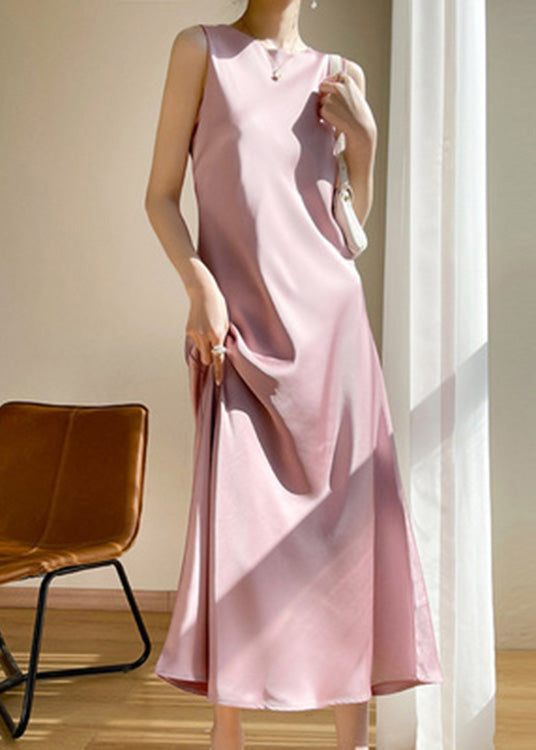 Brief Pink O-Neck Solid Silk Vacation Maxi Dresses Sleeveless LY1734 - fabuloryshop