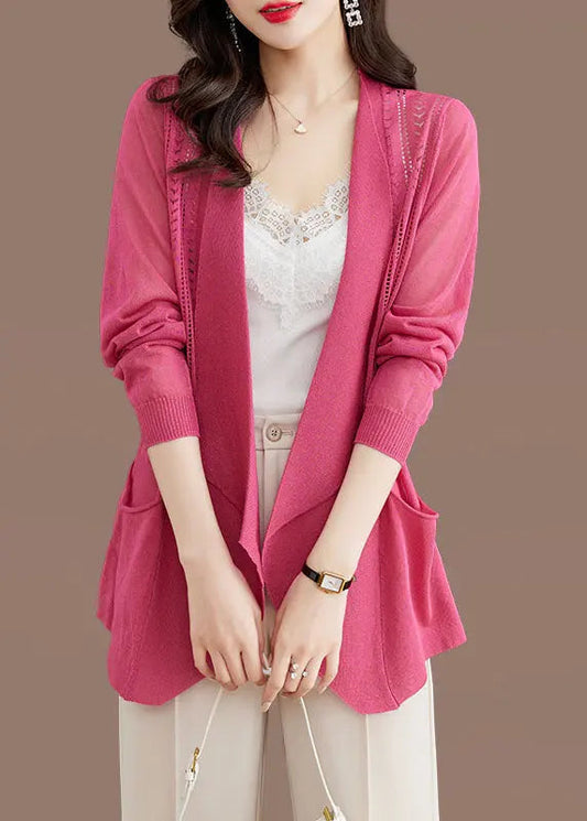 Brief Rose Notched Pockets Ice Size Knit Cardigans Summer Ada Fashion