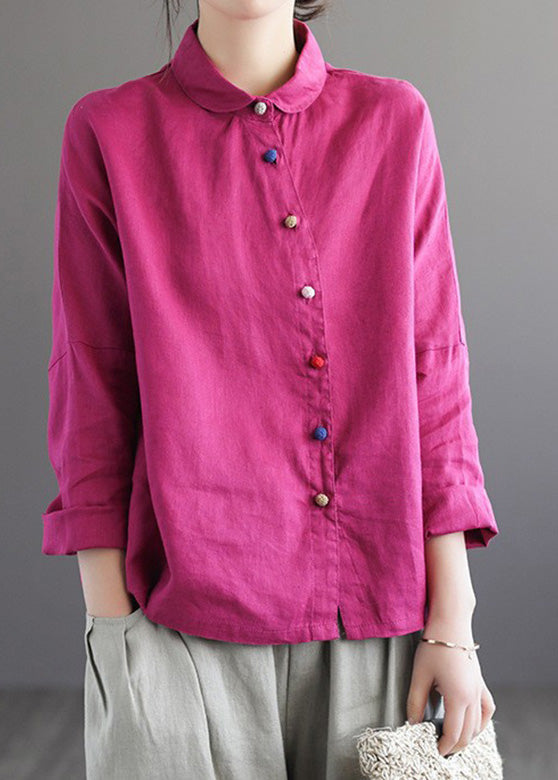 Brief Rose Peter Pan Collar Solid Linen Shirts Long Sleeve LY5019 - fabuloryshop