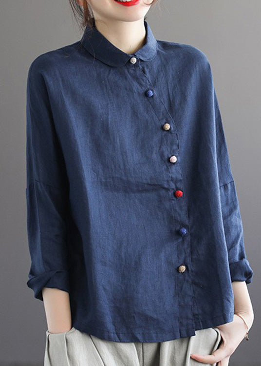 Brief Rose Peter Pan Collar Solid Linen Shirts Long Sleeve LY5019 - fabuloryshop