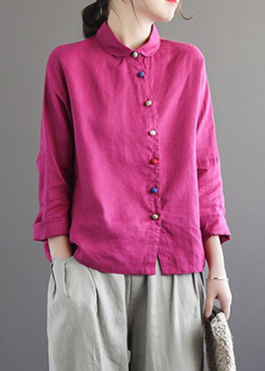 Brief Rose Peter Pan Collar Solid Linen Shirts Long Sleeve LY5019 - fabuloryshop