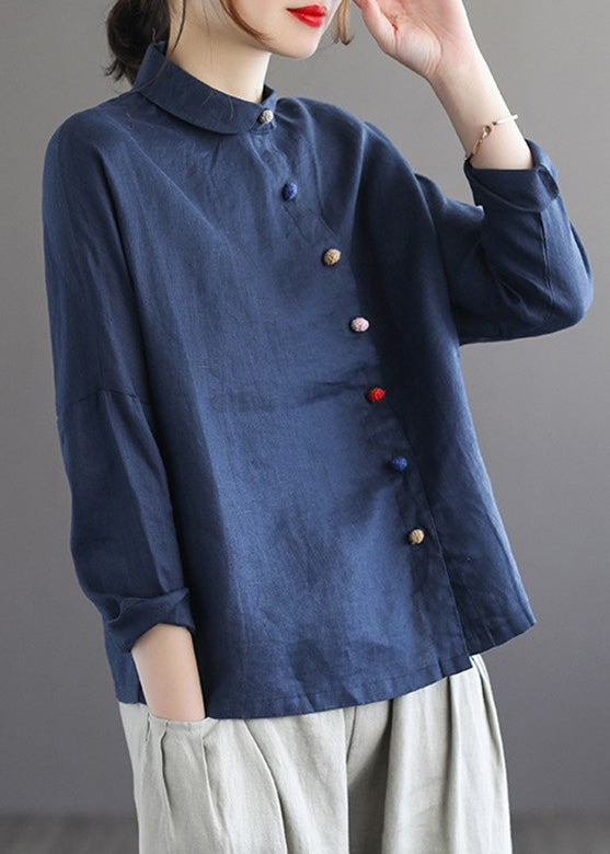 Brief Rose Peter Pan Collar Solid Linen Shirts Long Sleeve LY5019 - fabuloryshop