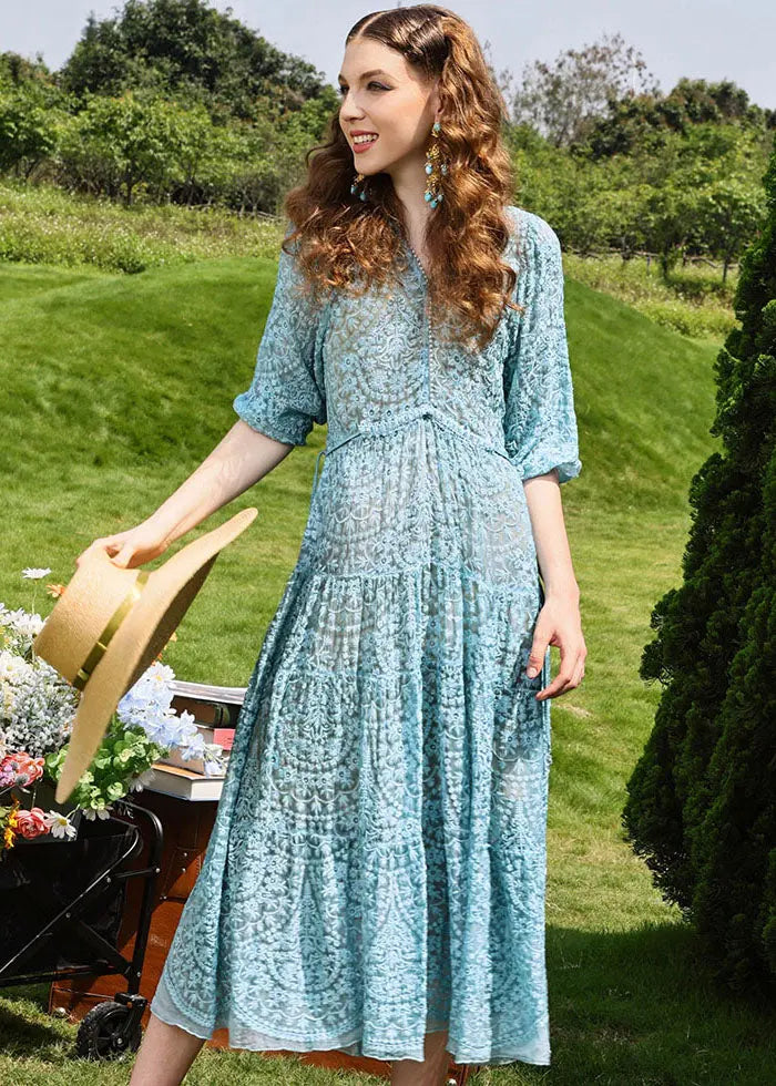 Brief Sky Blue Embroidered Floral Hollow Out Silk Long Dresses Half Sleeve Ada Fashion