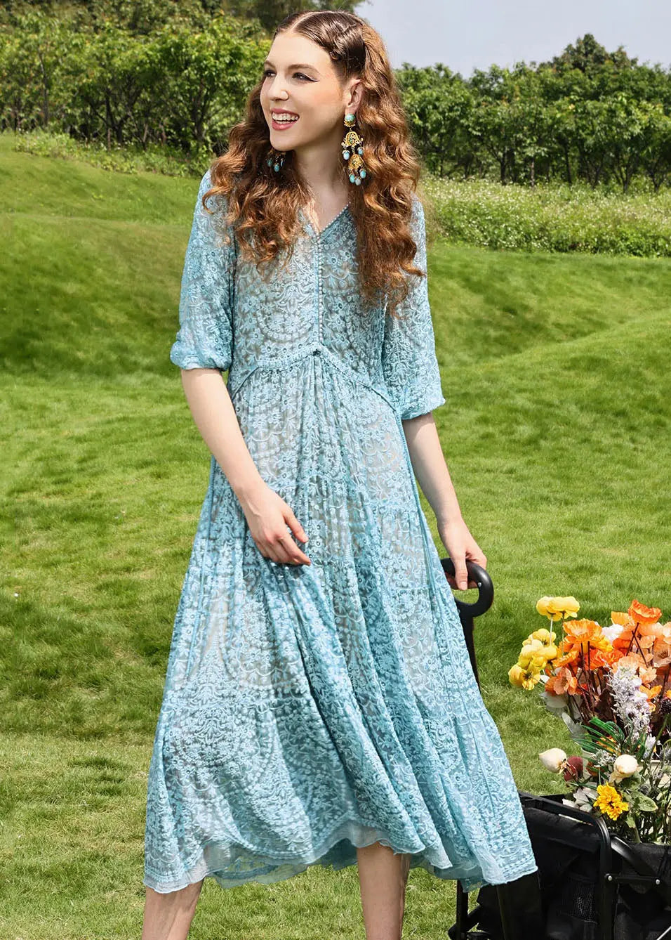 Brief Sky Blue Embroidered Floral Hollow Out Silk Long Dresses Half Sleeve Ada Fashion