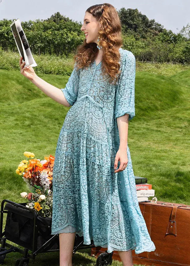 Brief Sky Blue Embroidered Floral Hollow Out Silk Long Dresses Half Sleeve Ada Fashion