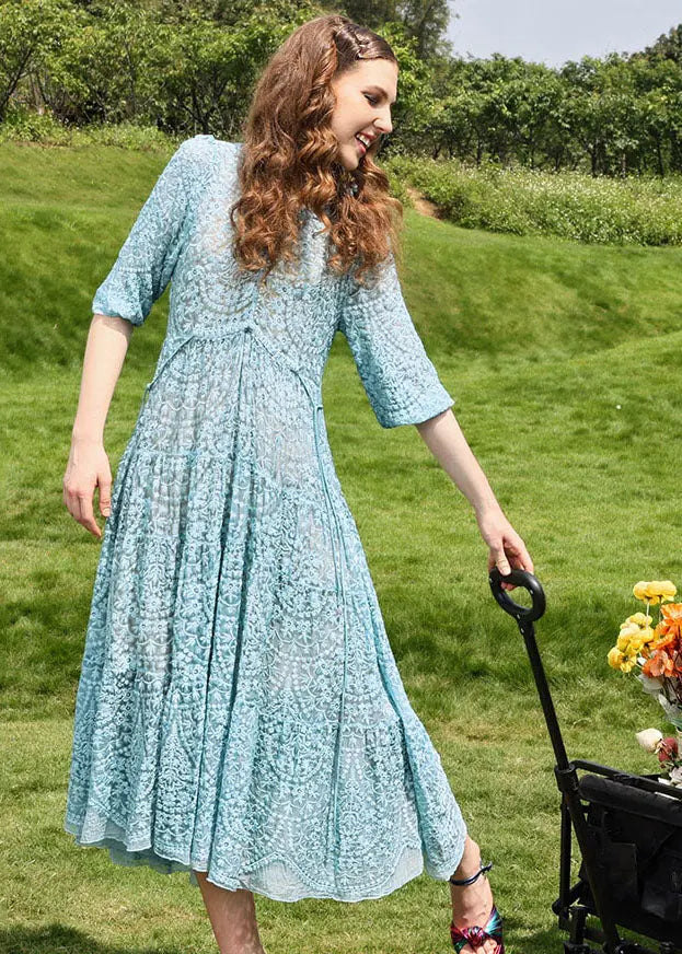 Brief Sky Blue Embroidered Floral Hollow Out Silk Long Dresses Half Sleeve Ada Fashion